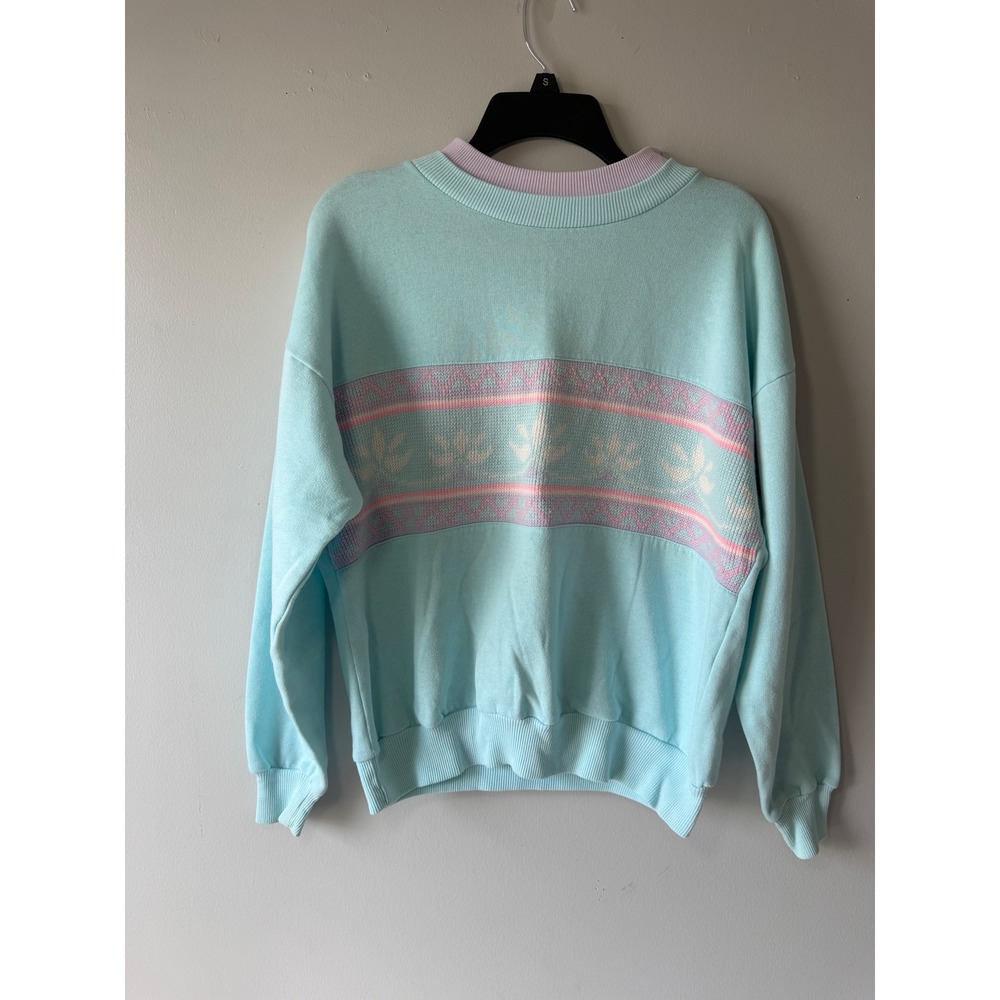 Vintage Huntington Ridge Pastel Aqua Blue Knit Panel Sweatshirt Size Medium